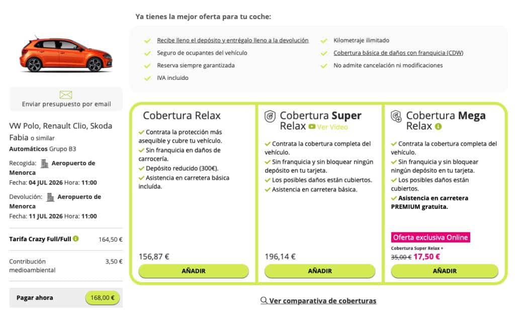 Tarif de base Goldcar pour une semaine en juillet 2026 à Minorque ,prix d'appel sans options