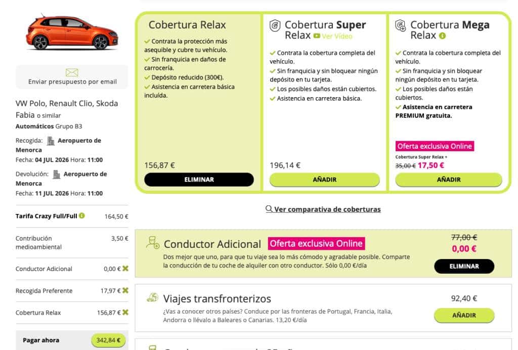 Tarif réel Goldcar juillet 2026 avec assurance obligatoire, facture finale à Minorque