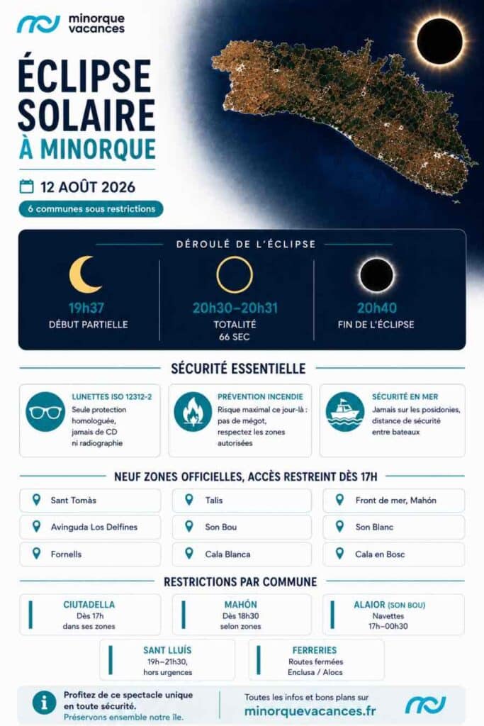 Infographie sur l’éclipse solaire totale du 12 août 2026 à Minorque avec horaires, consignes de sécurité et restrictions d’accès